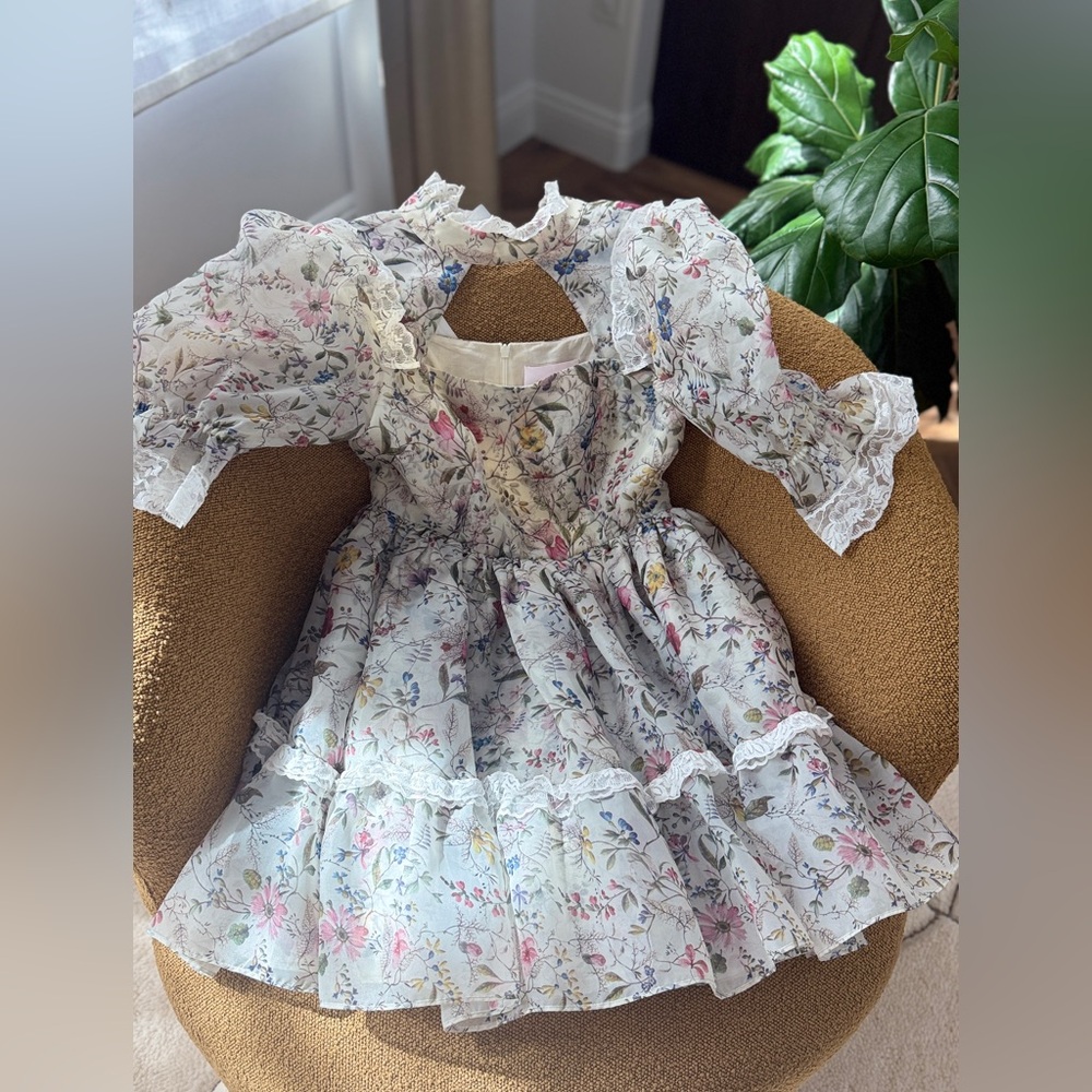 Selkie Cream Floral Lace-Trim Puff Sleeve Dress